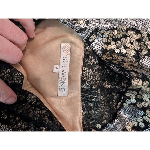 Sue Wong Nocturne Women Size 6 100% Nylon Metallic Silver Blue Sequin Dress Midi - Picture 4 of 7